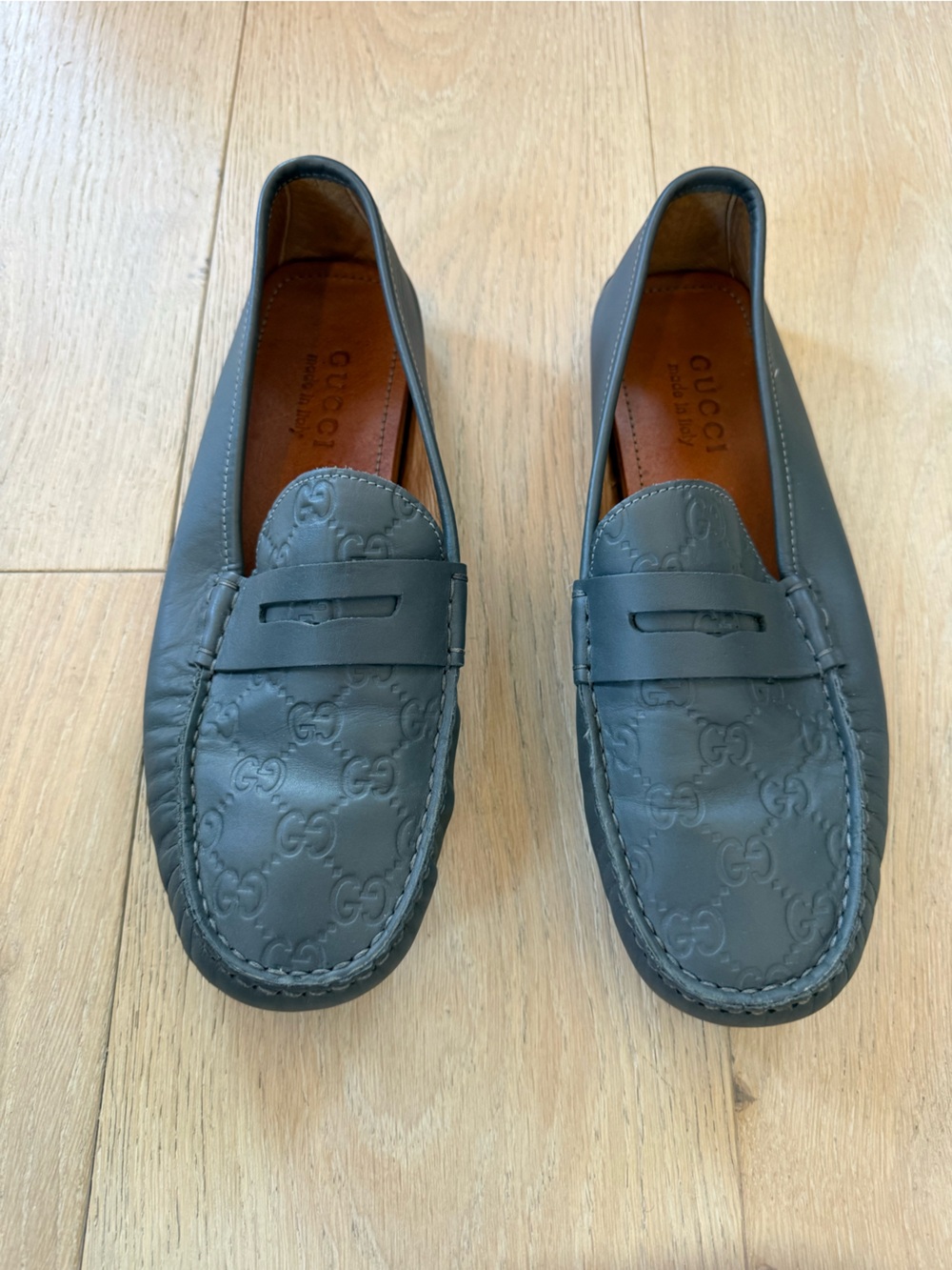 Gucci Men’s Gray Embossed GG Leather Penny Loafers